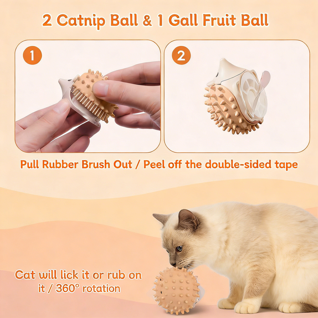 3 PCS Catnip Toys Self-Grooming Cat Brush with Catnip Ball & Gall Fruit
