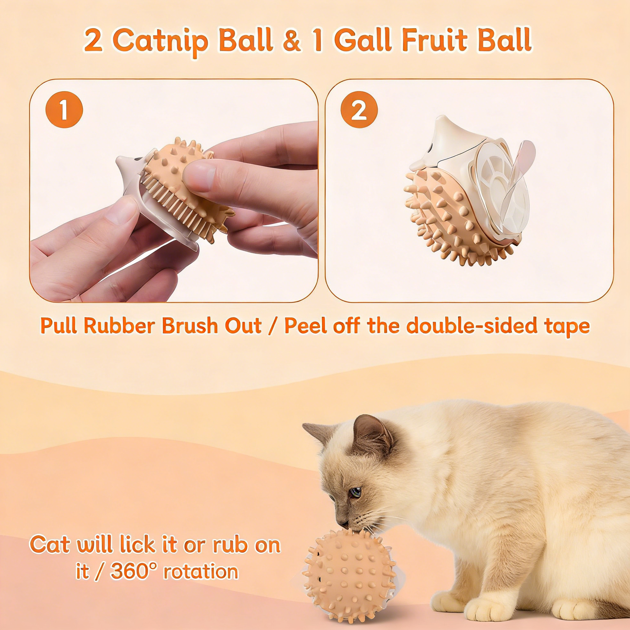 3 PCS Catnip Toys Self-Grooming Cat Brush with Catnip Ball & Gall Fruit